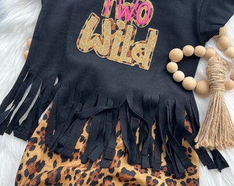 Wild Two Cheetah Birthday Outfit, Embroidered Applique Top, Fringed Toddler Shirt