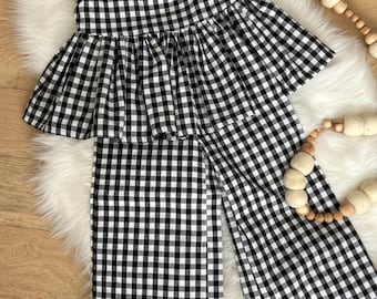 Ruffled Black & White Blouse with Plaid Pants: Toddler Lounge Set
