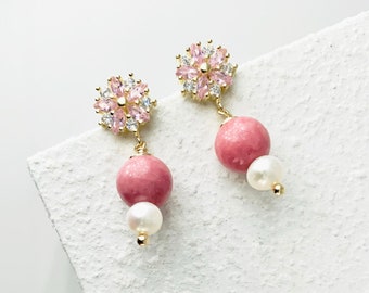 Pink Rhodonite Drop Earrings with Freshwater Pearls | Flower Stud Earrings | 925 Sterling Silver Studs