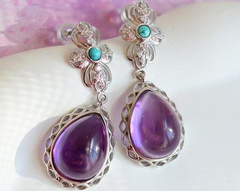 Genuine High Grade Large Teardrop Amethyst Drop Earrings | Natural Amethyst Turquoise Statement Earrings in 925 Sterling Silver
