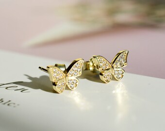 CZ Paved Dainty Butterfly Stud Earrings in Gold | Solid 925 Sterling Silver Butterfly Earrings | Gift For Her