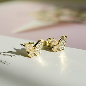 CZ Paved Dainty Butterfly Stud Earrings in Gold | Solid 925 Sterling Silver Butterfly Earrings | Gift For Her