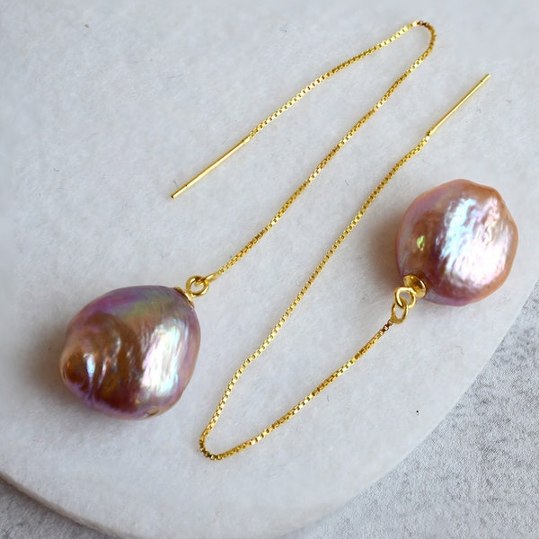 Natural Metallic Baroque Pearl Threader Earrings | High Luster Rainbow Baroque Pearl Drop Earrings in Gold and Silver | Thread Thru Earrings