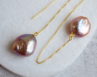 Natural Metallic Baroque Pearl Threader Earrings | High Luster Rainbow Baroque Pearl Drop Earrings in Gold and Silver | Thread Thru Earrings