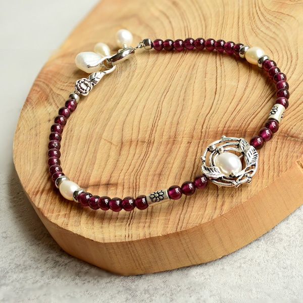 Natural Garnet Bracelet | Oxidized Bali Sterling Silver | Dainty Garnet and Real Pearl Bracelet | Wreath Bracelet with Rose Hook Clasp