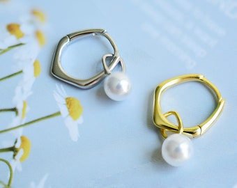 925 Sterling Silver Pearl Hoop Earrings | Pearl Earrings | Pearl Hoops | Silver Hoop Earrings | Minimalist pearl Earrings