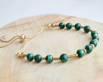Natural Malachite Bracelet | Minimalist Slider Bracelet | Malachite Jewelry | Adjustable Bracelet in Gold | Hematite and Malachite