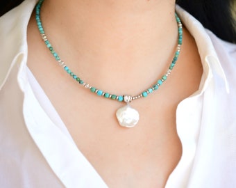 Genuine Undyed Turquoise Beaded Necklace | 925 Sterling Silver 20mm Natural Baroque Pearl Pendant Necklace | Turquoise and Pearl Necklace