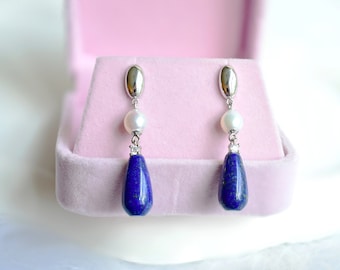 Pendientes colgantes de lapislázuli natural en forma de lágrima con perla de agua dulce / Pendientes de lapislázuli genuino en plata de ley 925 / Pendientes de perla auténtica