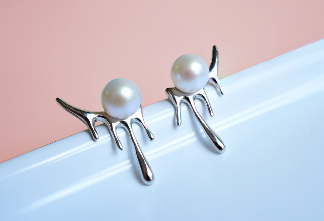 925 Sterling Silver Earrings Melting Pearl Stud Earrings - Etsy