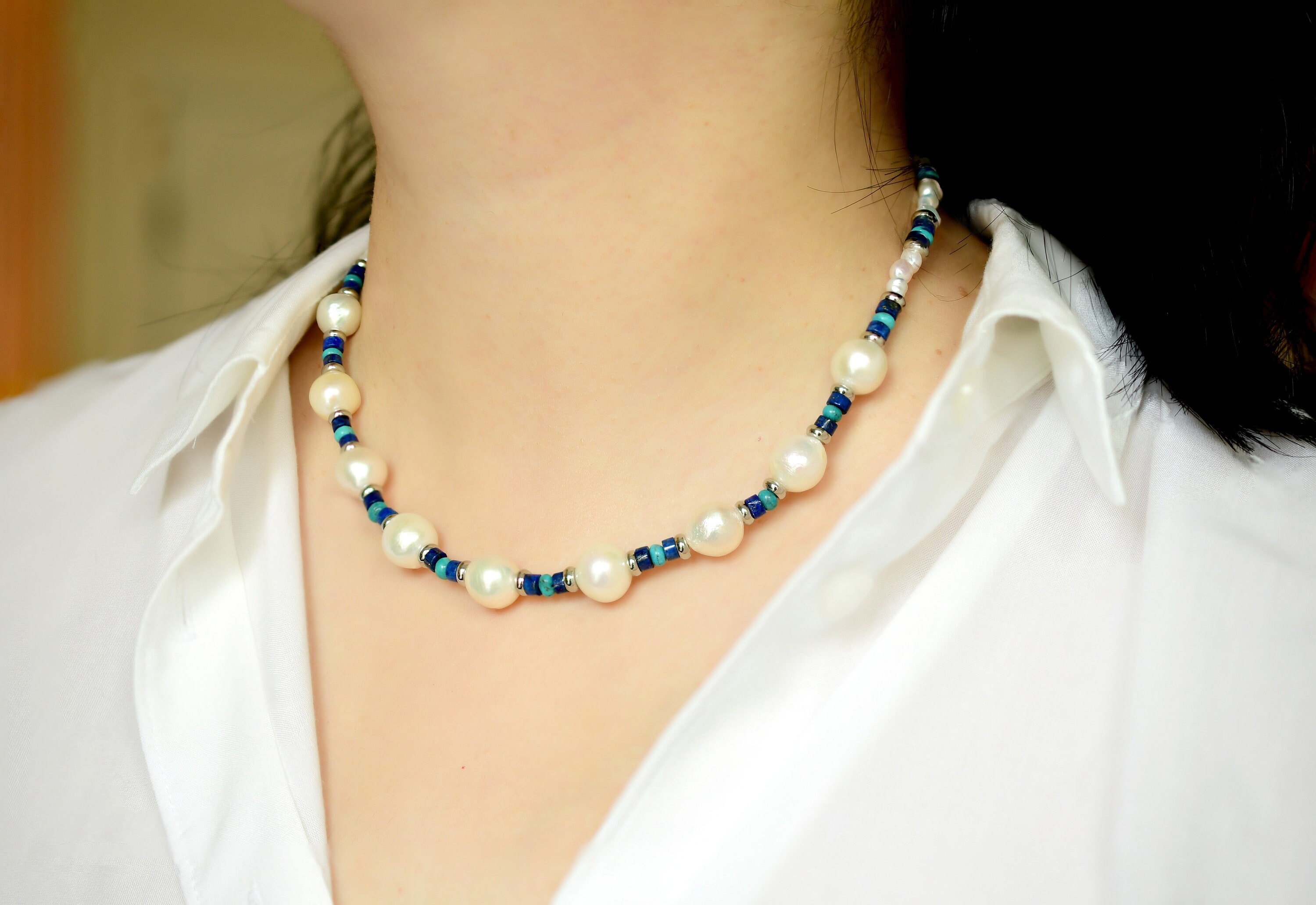 Drop Pearls, Biwa Pearl & Gemstones Necklace in 925 Silver - Borneo Pearls
