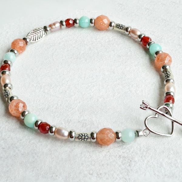 Dainty Thai Silver Multigemstone Bracelet | Sunstone, Red Carnelian, Real Pearl Bracelet | 925 Sterling Silver Heart Toggle Clasp Bracelet