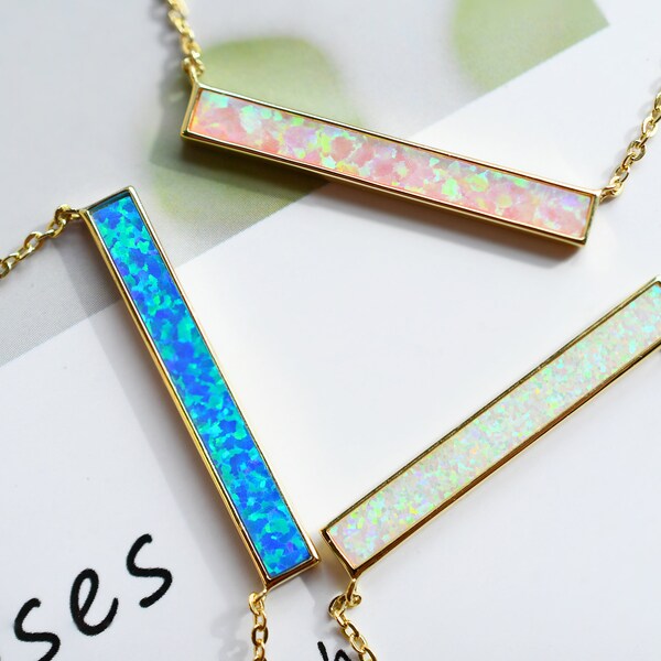 14 Karat Gold Plated Mini Synthetic Pink Opal Bar Necklace