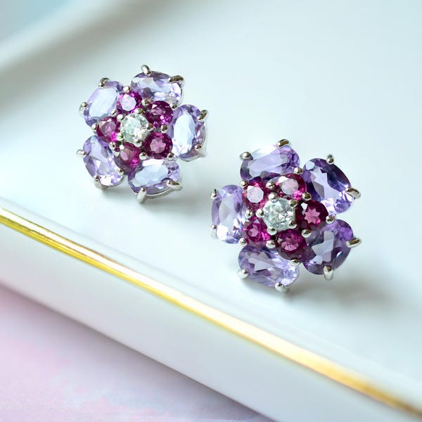 Genuine Amethyst Garnet Flower Cluster Stud Earrings in 925 Sterling Silver | Purple Crystal Earrings | Fine Jewelry Style