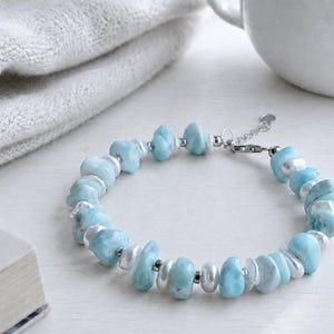 Natural Larimar and Freshwater Keshi Pearl Bracelet, Blue Gemstone Jewelry, Coastal Boho Bracelet, Ocean-Inspired Gift for Her