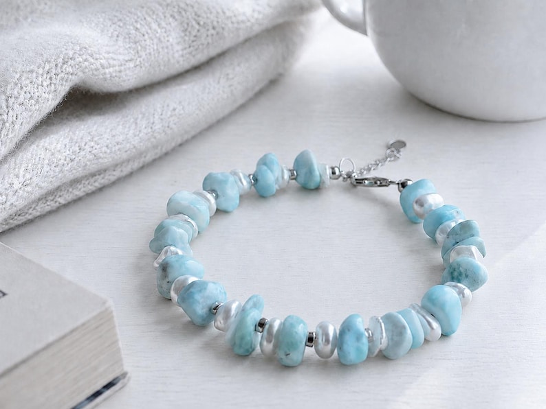 Natural Larimar and Freshwater Keshi Pearl Bracelet, Blue Gemstone Jewelry, Coastal Boho Bracelet, Ocean-Inspired Gift for Her