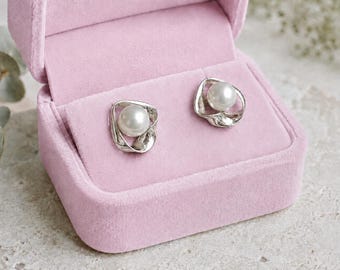 Classic 7mm Freshwater Pearl Stud Earrings | Minimalist Sculptural 925 Sterling Silver Studs | Modern Pearl Jewelry | Elegant Gift for Her