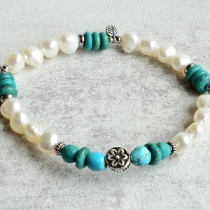 Natural Freshwater Baroque Pearl Bracelet with Oxidized Sterling Silver Accents | Genuine Turquoise and Pearl Bracelet | Turquoise Bracelet