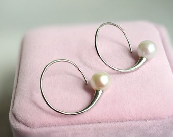 Solid 925 Sterling Silver Pearl Hoop Earrings | 8mm AAAA+ Freshwater Pearl Earrings | Minimalist Earrings | 23mm Hoop | Pearl Jewelry