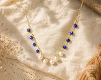 Freshwater Pearl, Lapis Lazuli Dangle Necklace | 14k Gold Filled Lapis Lazuli Necklace | Dainty Pearl Necklace