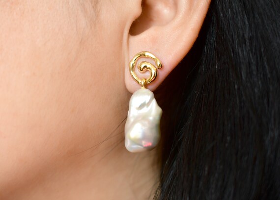 Genuine 14×23mm Big Freshwater Baroque Pearl Earrings | Solid 925 Sterling Silver Spiral Stud | Real Irregular Pearl Drop Statement Earrings