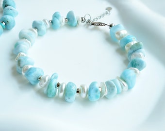 Natural Blue Larimar Bracelet in Silver | 8.5mm Larimar Nugget Bracelet with Turquoise | Adjustable Keshi Pearl Bracelet with Larimar