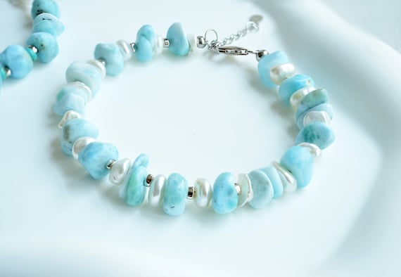 Natural Blue Larimar Bracelet in Silver | 8.5mm Larimar Nugget Bracelet with Turquoise | Adjustable Keshi Pearl Bracelet with Larimar