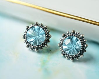 Genuine Sky Blue Fireworks Cut 8mm Topaz Stud Earrings in Oxidized 925 Sterling Silver | Round Topaz  Earrings Light Blue
