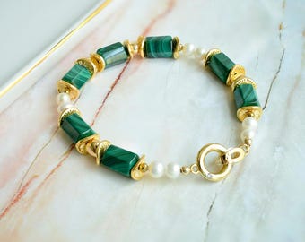 Natural Hexagon Cylinder Malachite Bracelet in Gold | Genuine Green Malachite, Real Pearl Beaded Bracelet | Gemstone Bracelet