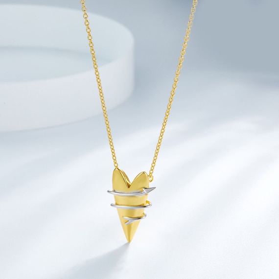Elongated Heart Pendant Necklace | Gold Puffed Heart with Arrow | 18K Gold Plated over 925 Sterling Silver
