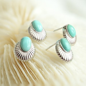 925 Sterling Silver Shell Studs | Genuine Turquoise Stud Earrings | Turquoise Gemstone Jewelry | December Birthstone Earrings
