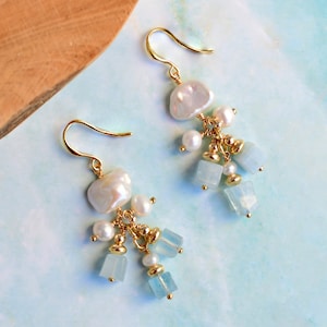 Natural Crystal and Keshi Pearl Cluster Dangle Earrings | Aquamarine Earrings with Real Pearls in Gold | Feminine Earrings
