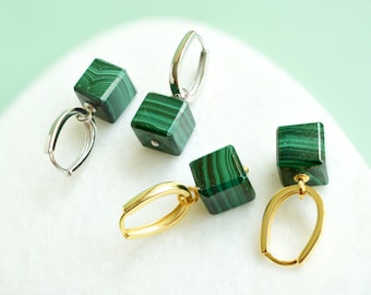 Malachite Dangle Earrings | Natural Malachite Cube Charm Earrings | Malachite Earrings Solid 925 Sterling Silver | Earring Charms for Hoops