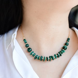 Natural Malachite Necklace with Freshwater Pearls | Flat Malachite Beaded Necklace | 14K Gold Filled | Bohemia Crystal Necklace