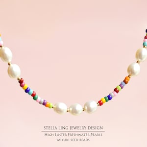 Colorful Pearl Necklace | Seed Bead Necklace | 14K Gold Filled | Freshwater Pearl Colorful Beaded Necklace | Rainbow Real Pearl Necklace