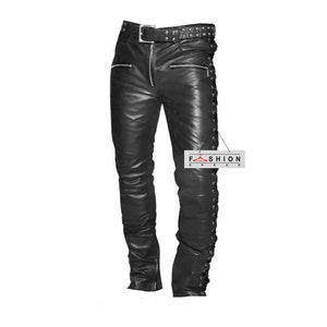 Genuine Handmade Black Leather Pants Punk Black Pants Mens Black Leather Pants Biker Pants Side Lace Leather Pants Jogger Pants image 1