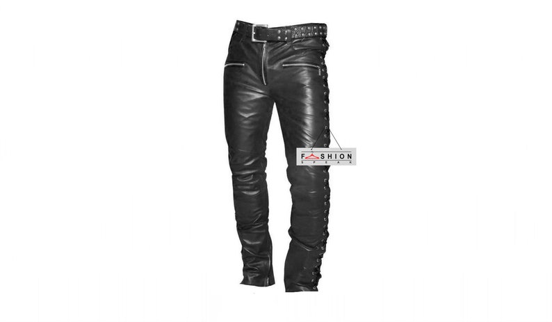 Genuine Handmade Black Leather Pants Punk Black Pants Mens Black Leather Pants Biker Pants Side Lace Leather Pants Jogger Pants image 1