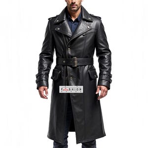 Men’s Black Genuine Leather Trench Coat | Long Double Breasted Overcoat | Military Style Leather Duster Jacket | Full-Length Winter Coat