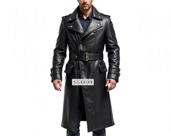 ブラックレザートレンチコート - ロング丈ダブルブレストミリタリー