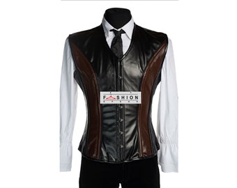 Steampunk NIGHTWATCH Corset Vest - Mens Genuine Leather Vest - Two Tone Corset Waistcoat - Halloween Vest - Pirate Vest - Gothic Unisex Vest