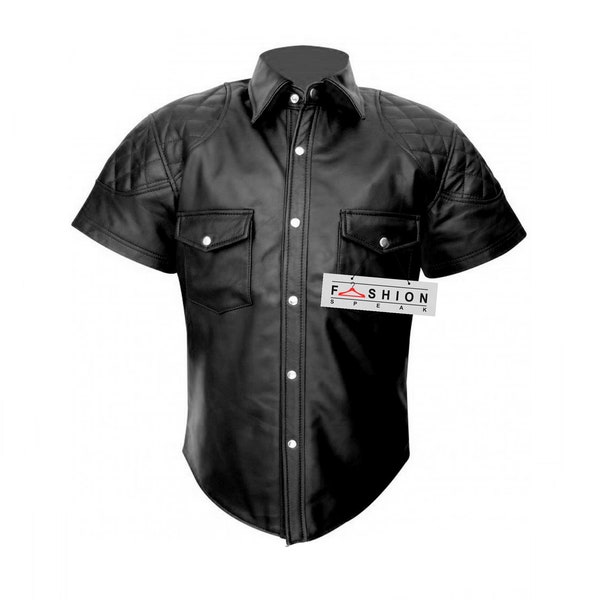 Chemise à demi-manches en cuir noir pour hommes - Tshirt boutonné en cuir fait main - Cadeau pour lui - Chemise en cuir minimale pour les étés - Demi-tee pour hommes