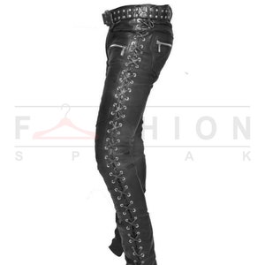 Genuine Handmade Black Leather Pants Punk Black Pants Mens Black Leather Pants Biker Pants Side Lace Leather Pants Jogger Pants image 3