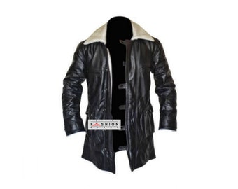 Genuine Leather Mens Fur Collar Coat - B3 Bomber Jacket - Fur Shearling Coat - Mens Leather Coat - Black Leather Jacket - Leather Long Coat