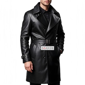 Men&#39;s Genuine Leather Trench Coat - Long Black Overcoat, Handmade Cowhide Jacket, Full Length Duster Coat, Gothic Steampunk Winter Outerwear