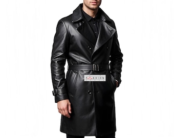Handmade Mens Black Leather Trench Coat – Full Length Cowhide Duster