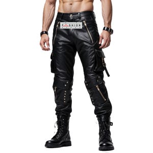 Men’s Black Genuine Leather Biker Pants | Handmade Moto Cargo Trousers | Slim Fit Motorcycle Trousers | Gothic Steampunk Rockers Pant