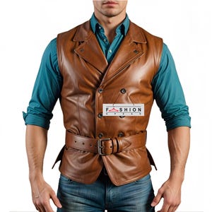 Mens Genuine Leather Vest, Handmade Brown Leather Vest, Vintage Leather Vest, Punk  Motorcycle Vest, Rave Belted Vest, Custom Leather Vest