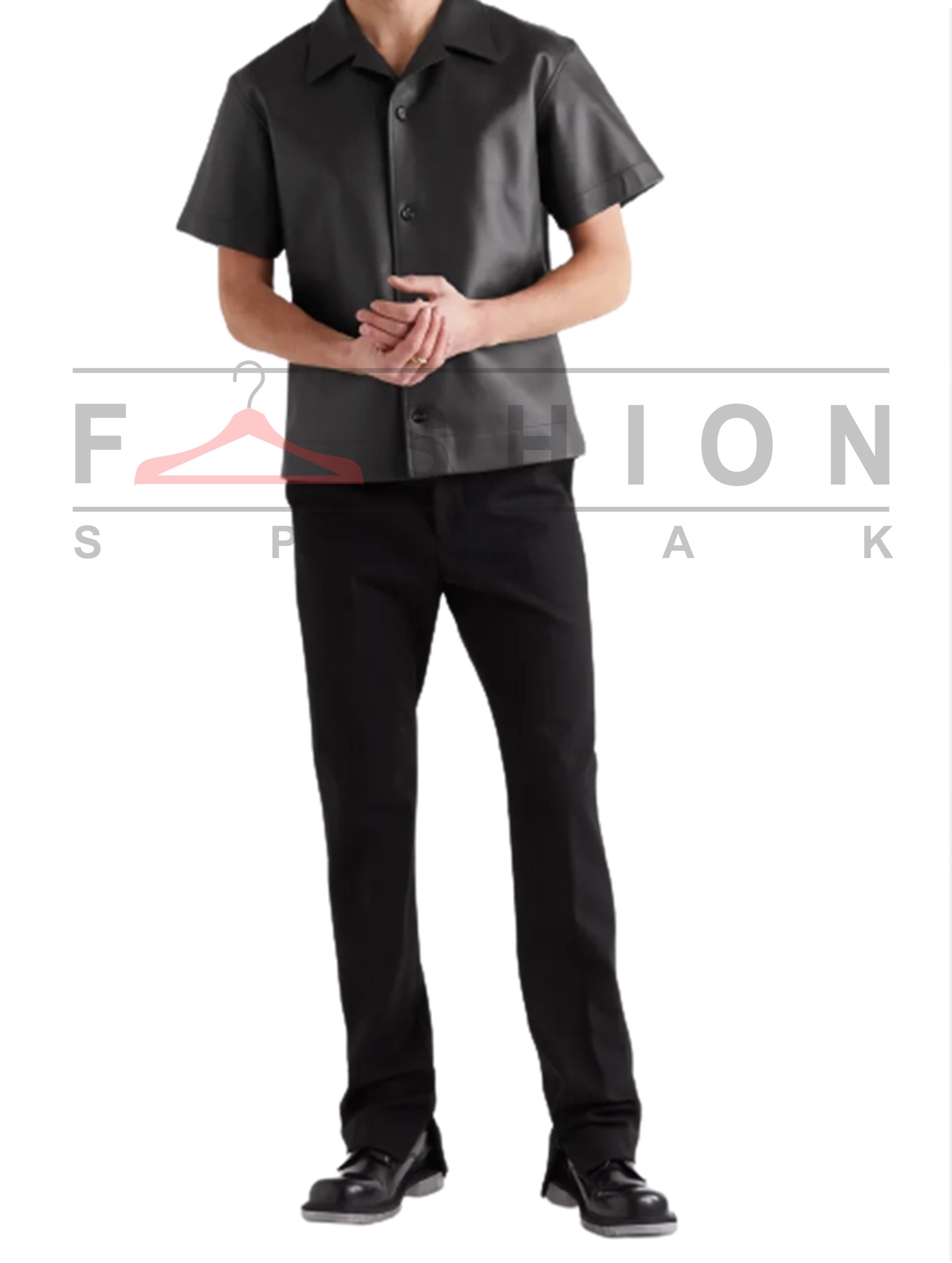 【DISCERNMENT】S/S Vegan Light Leather Half Shirt Mens Genuine Leather Shirt - Black Half Sleeve T Shirt