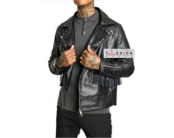 Mens Real Leather Studded Fringe Jacket, Western Fringed Jacket, Motorcycle Jacket, Gothic Jacket, Steampunk Jacket, Leather Tassels Jacket