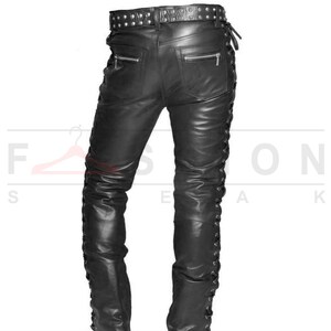 Genuine Handmade Black Leather Pants Punk Black Pants Mens Black Leather Pants Biker Pants Side Lace Leather Pants Jogger Pants image 4